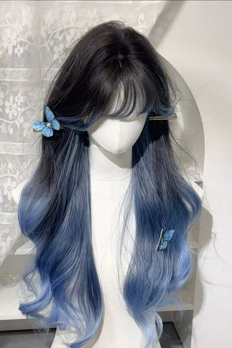 Long Wavy Lolita Wig - Black/blue Ombre Curtain Bangs, 2 Colors, Sweet Style - additional product view 2