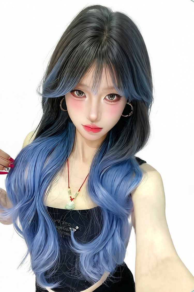 Long Wavy Lolita Wig - Black/blue Ombre Curtain Bangs, 2 Colors, Sweet Style - additional product view 3