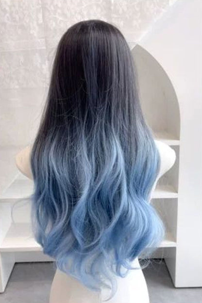 Long Wavy Lolita Wig - Black/blue Ombre Curtain Bangs, 2 Colors, Sweet Style - additional product view 4