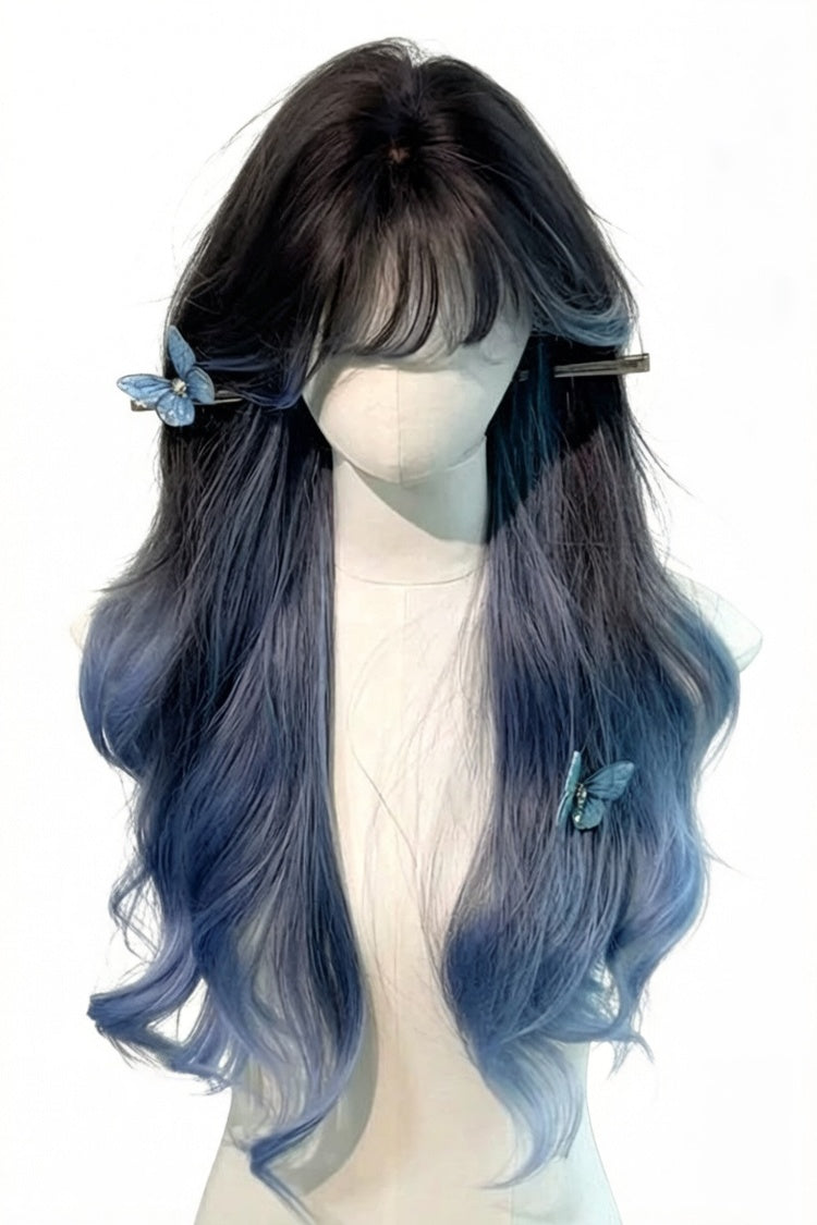Long Wavy Lolita Wig - Black/blue Ombre Curtain Bangs, 2 Colors, Sweet Style - main product image