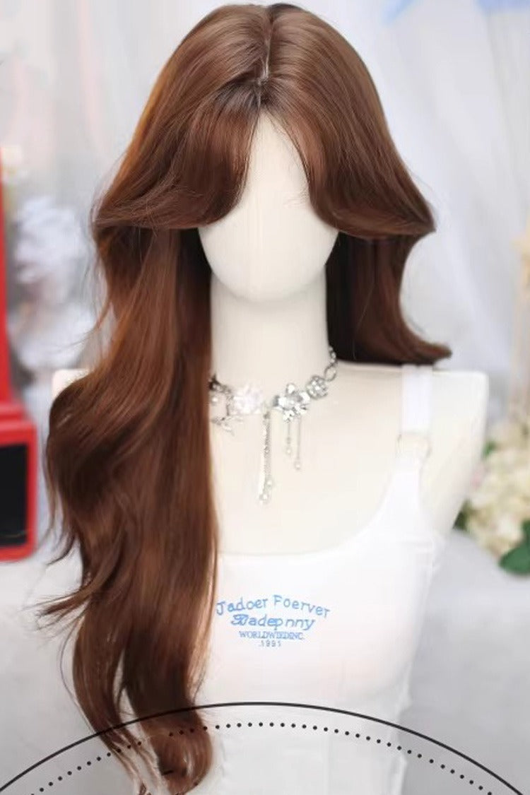 Long Wavy Lolita Wig - Cool Coffee Brown Swoop Bangs, Brown, Sweet Style - additional product view 2