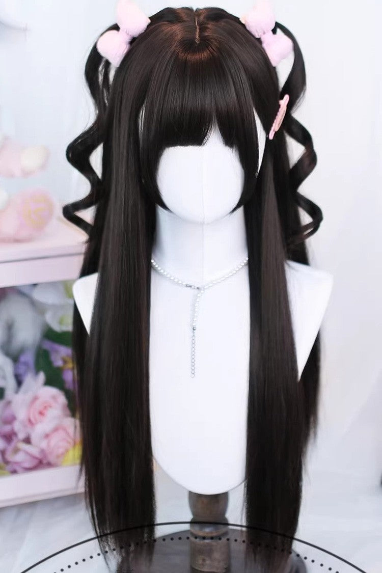 Long Wavy Lolita Wig - Cute Wispy Bangs Straight, 3 Colors, Sweet Style - One-Size Black-Tea-Brown option