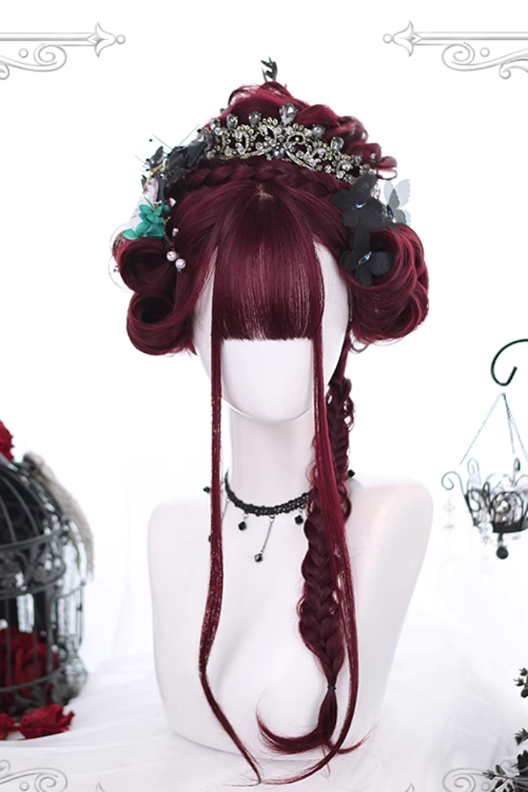 Long Wavy Lolita Wig - Dark Red Hair Tail Layered Curly, Red, Classic Style - additional product view 2