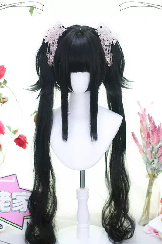 Long Wavy Lolita Wig - Detachable Ponytail, Black, Detachable Detail, Sweet Style - main product image