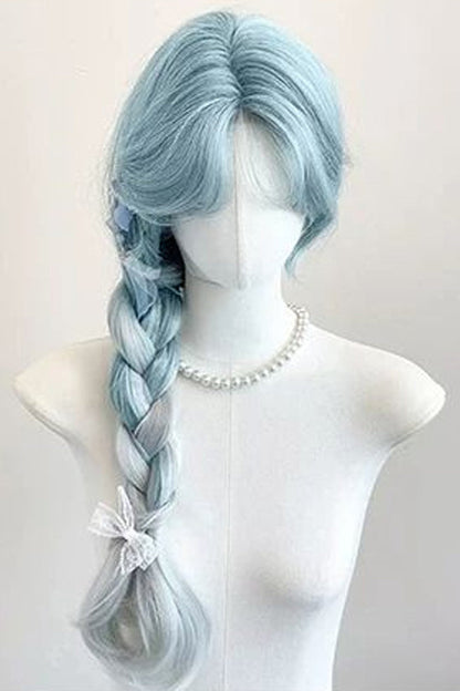 Long Wavy Lolita Wig - Glacier Blue Ombre Curtain Bangs, Blue, Sweet Style - additional product view 2
