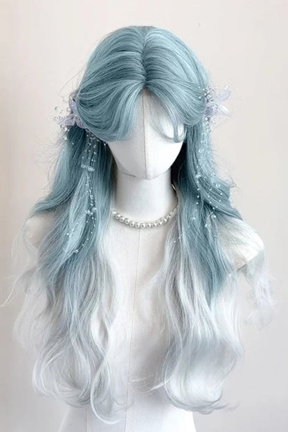 Long Wavy Lolita Wig - Glacier Blue Ombre Curtain Bangs, Blue, Sweet Style - main product image