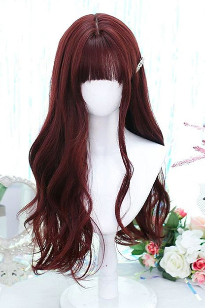 Long Wavy Lolita Wig - Mera Red Soft Air Bangs, Red, Gothic Style, Sweet Style - additional product view 4