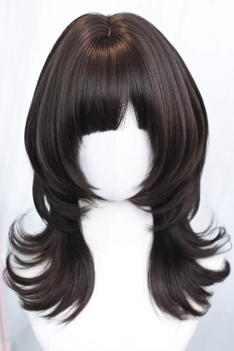 Long Wavy Lolita Wig - Outward Curl Light Wispy Bangs, 2 Colors, Sweet Style - One-Size Black-Tea-Brown option