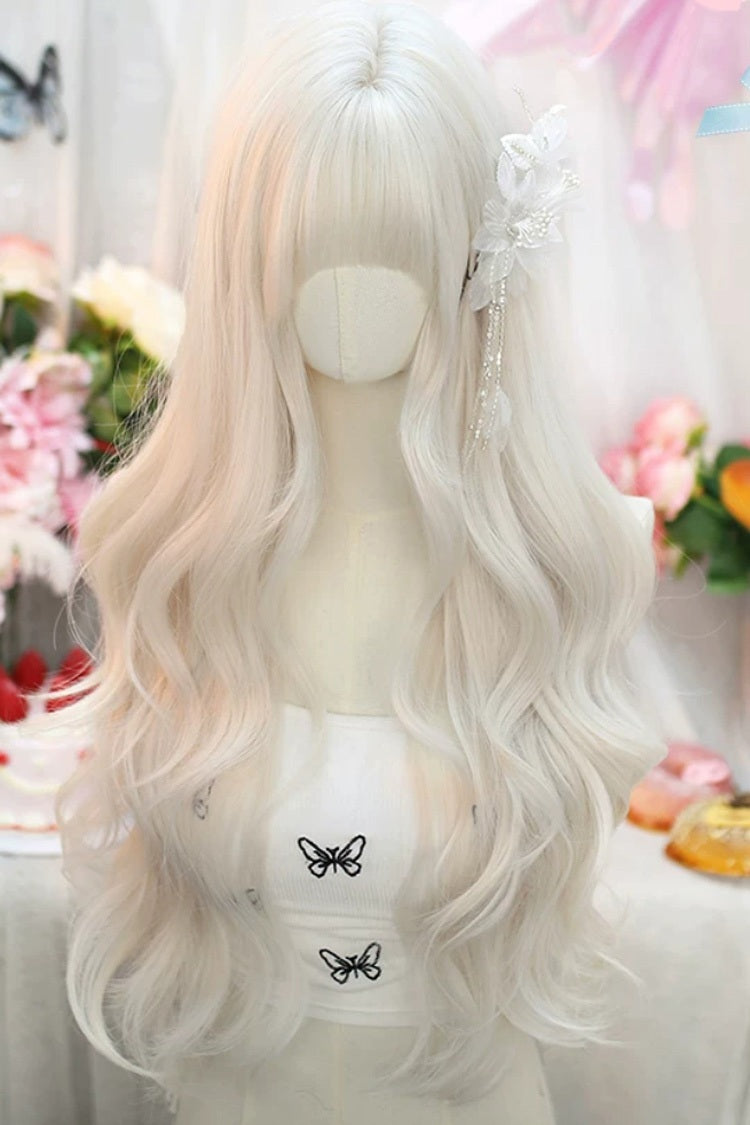 Long Wavy Lolita Wig - Pearl Milk Grey Blunt Bangs, Gray, Sweet Style - additional product view 2