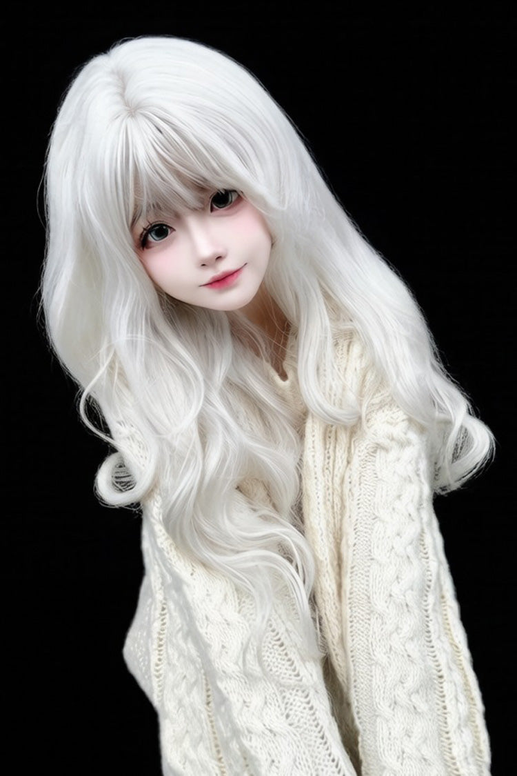 Long Wavy Lolita Wig - Pearl Milk Grey Blunt Bangs, Gray, Sweet Style - additional product view 3