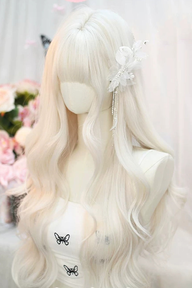 Long Wavy Lolita Wig - Pearl Milk Grey Blunt Bangs, Gray, Sweet Style - additional product view 4
