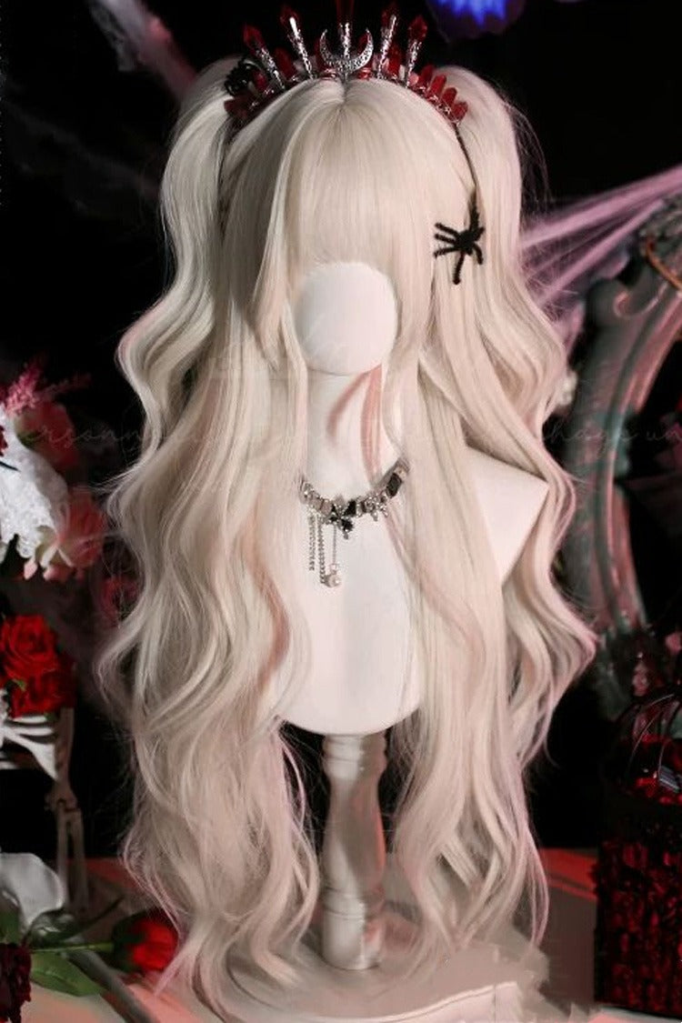 Long Wavy Lolita Wig - Pearl Milk Grey Blunt Bangs, Gray, Sweet Style - main product image