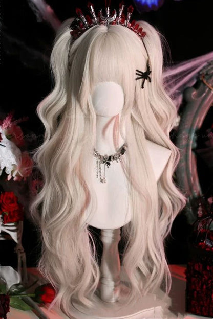 Long Wavy Lolita Wig - Pearl Milk Grey Blunt Bangs, Gray, Sweet Style - main product image
