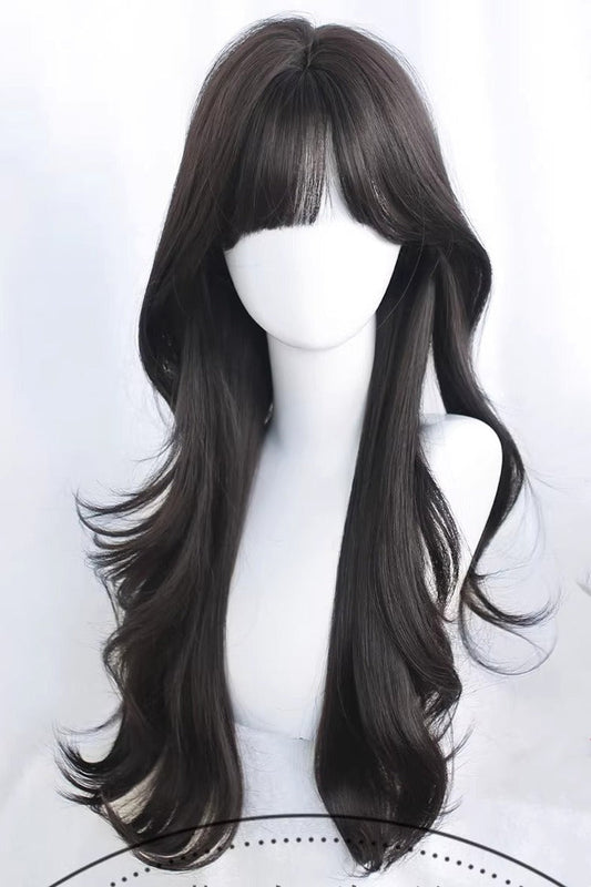 Long Wavy Lolita Wig - Tea Brown Curtain Bangs, 2 Colors, Sweet Style - main product image