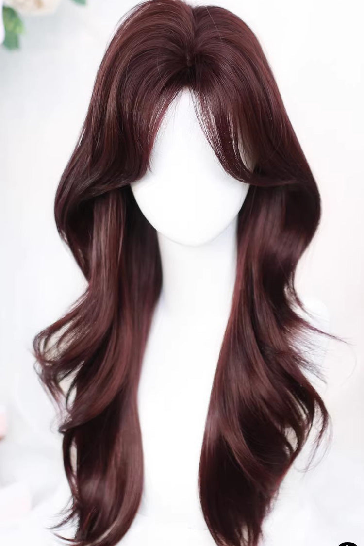 Long Wavy Lolita Wig - Wine Red Curtain Bangs Soft, Red, Sweet Style - additional product view 2