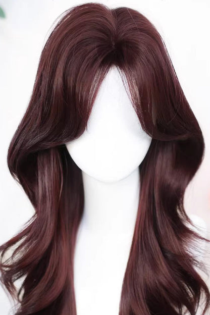 Long Wavy Lolita Wig - Wine Red Curtain Bangs Soft, Red, Sweet Style - additional product view 3