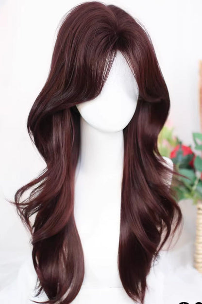 Long Wavy Lolita Wig - Wine Red Curtain Bangs Soft, Red, Sweet Style - additional product view 4