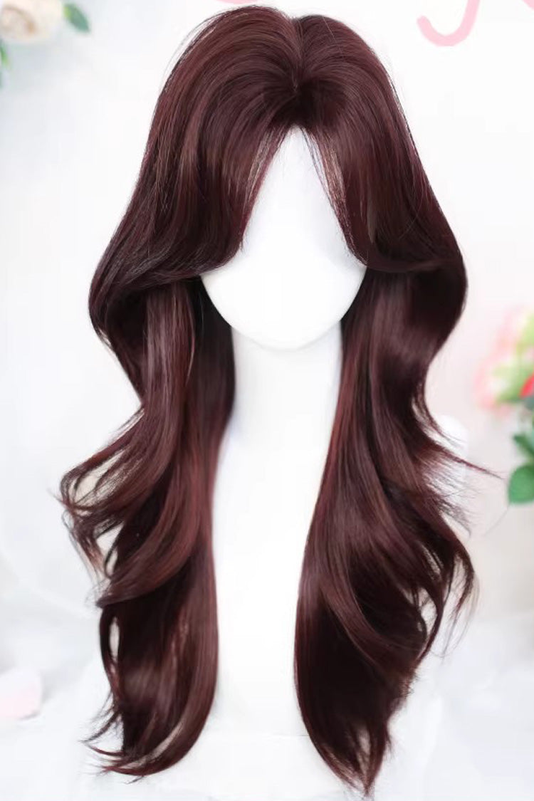 Long Wavy Lolita Wig - Wine Red Curtain Bangs Soft, Red, Sweet Style - main product image