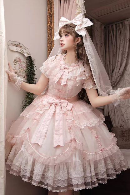 One-Piece Lolita Dress - Candy Flavor, Pink, Lace Trim, Ruffled, Sweet Style - main product image
