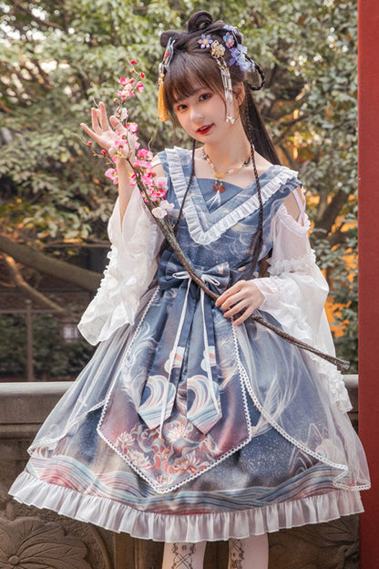 One-Piece Lolita Dress - Chinese Style Hime Sleeves, 2 Colors, Chinese-Inspired Style - S blue / M blue / L blue option