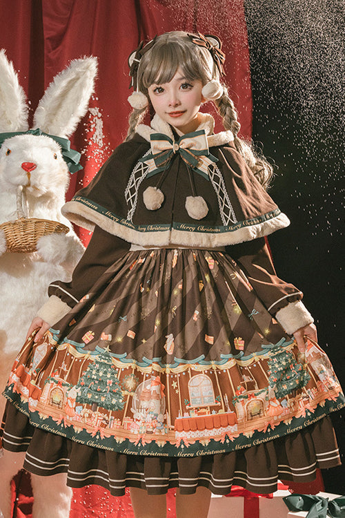 One-Piece Lolita Dress - Christmas Gift Print, Brown, Long Sleeves, Sweet Style, Printed - additional product view 2