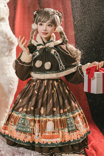 One-Piece Lolita Dress - Christmas Gift Print, Brown, Long Sleeves, Sweet Style, Printed - additional product view 3