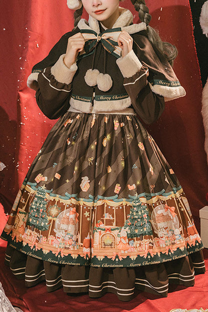 One-Piece Lolita Dress - Christmas Gift Print, Brown, Long Sleeves, Sweet Style, Printed - main product image