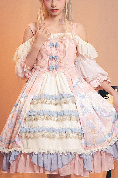 One-Piece Lolita Dress - Cloud Dreamland, Pink, Sweet Style, Bow Detail, Ruffled - main product image