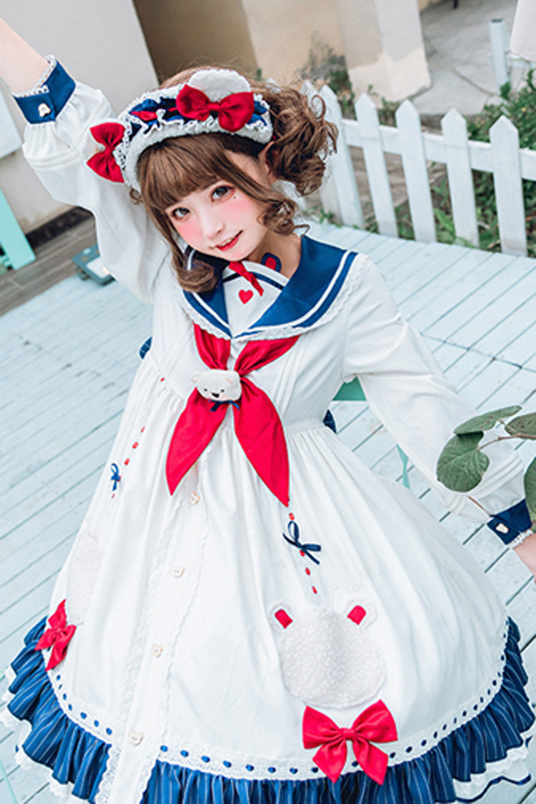 One-Piece Lolita Dress - College Style Navy Collar, White, Ruffled, Printed, Sweet Style - additional product view 2