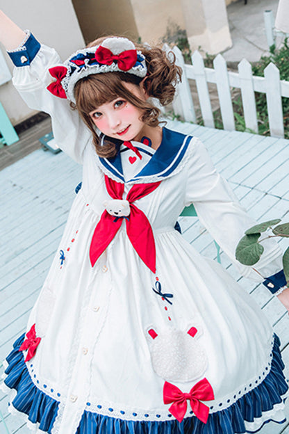 One-Piece Lolita Dress - College Style Navy Collar, White, Ruffled, Printed, Sweet Style - additional product view 2