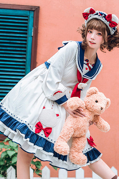 One-Piece Lolita Dress - College Style Navy Collar, White, Ruffled, Printed, Sweet Style - additional product view 3