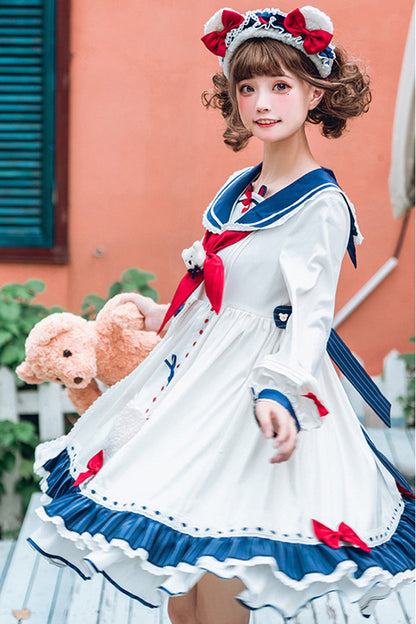 One-Piece Lolita Dress - College Style Navy Collar, White, Ruffled, Printed, Sweet Style - additional product view 4