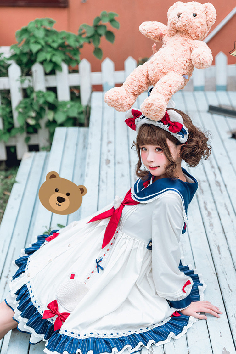 One-Piece Lolita Dress - College Style Navy Collar, White, Ruffled, Printed, Sweet Style - additional product view 5