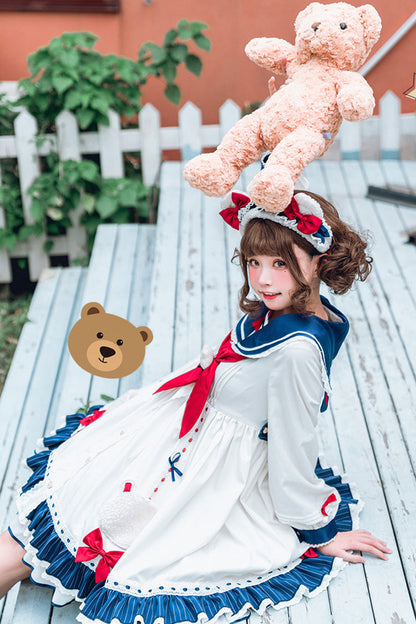 One-Piece Lolita Dress - College Style Navy Collar, White, Ruffled, Printed, Sweet Style - additional product view 5
