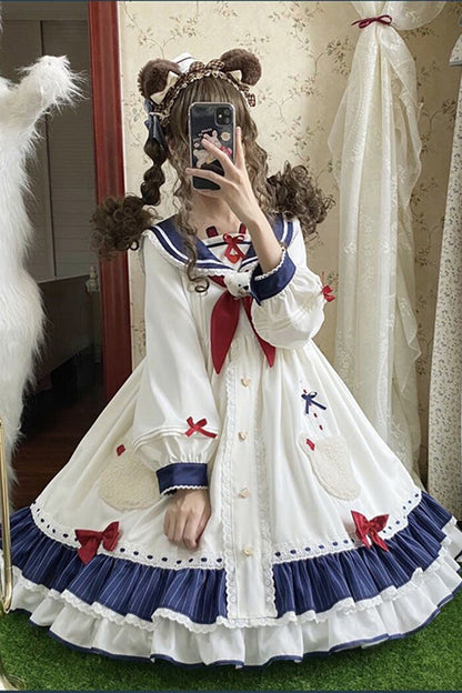 One-Piece Lolita Dress - College Style Navy Collar, White, Ruffled, Printed, Sweet Style - additional product view 6