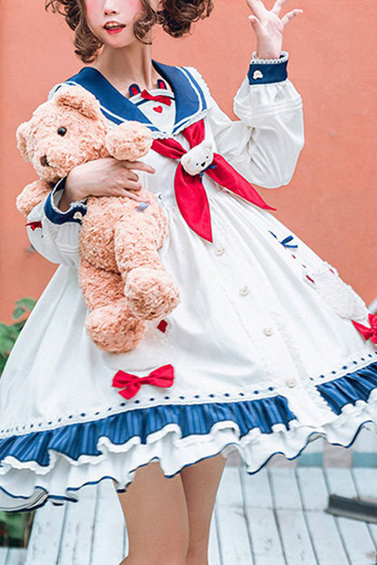 One-Piece Lolita Dress - College Style Navy Collar, White, Ruffled, Printed, Sweet Style - main product image