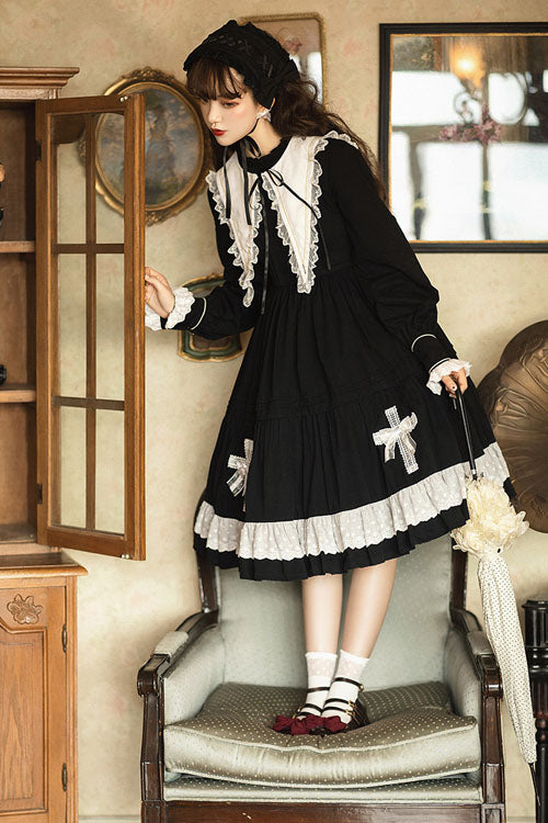 One-Piece Lolita Dress - Dark Black Temple Of The, Black, High Waist, Long Sleeves - additional product view 4