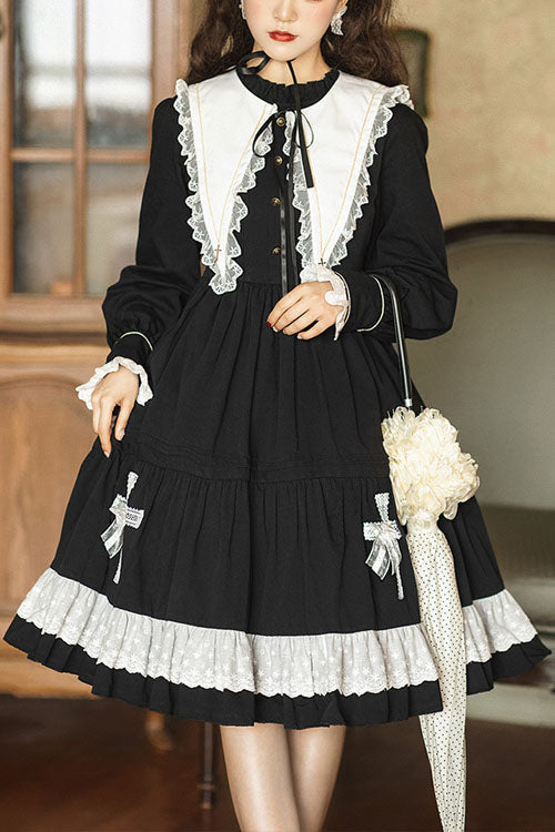 One-Piece Lolita Dress - Dark Black Temple Of The, Black, High Waist, Long Sleeves - main product image
