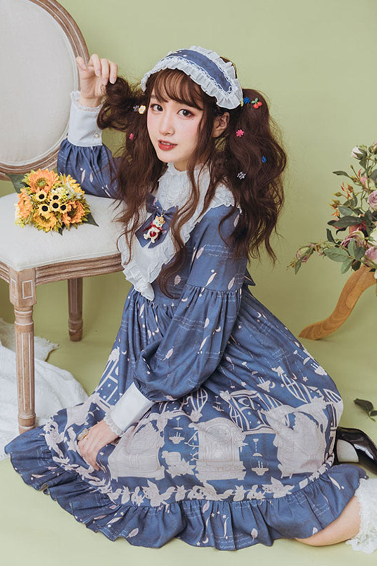 One-Piece Lolita Dress - Dark Blue Classical Alarm Clock, Blue, Long Sleeves, Sweet Style - additional product view 2