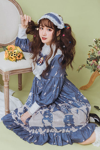 One-Piece Lolita Dress - Dark Blue Classical Alarm Clock, Blue, Long Sleeves, Sweet Style - additional product view 2
