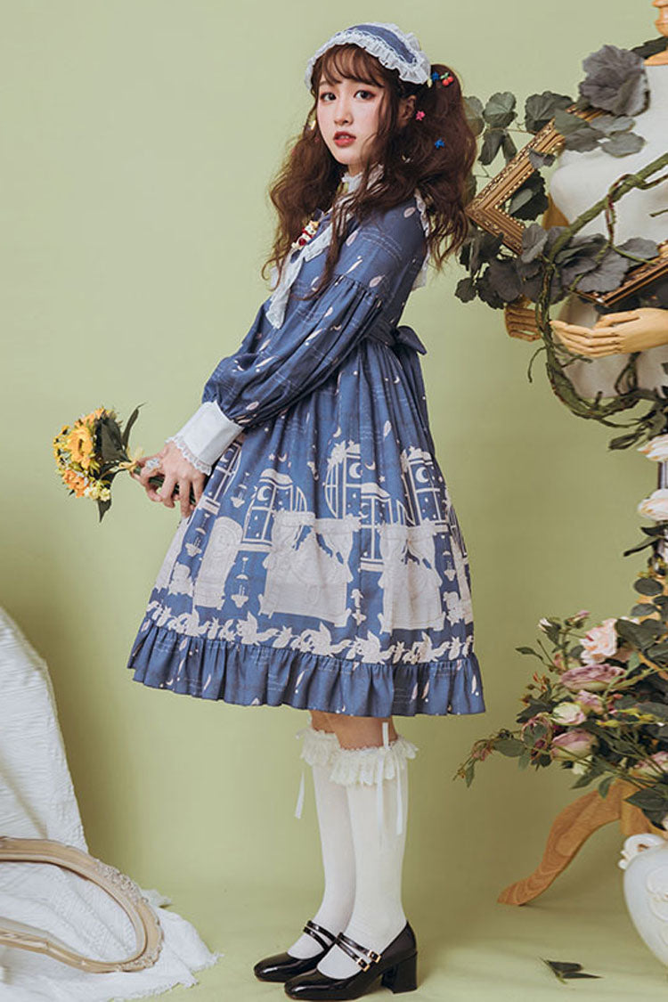 One-Piece Lolita Dress - Dark Blue Classical Alarm Clock, Blue, Long Sleeves, Sweet Style - additional product view 3