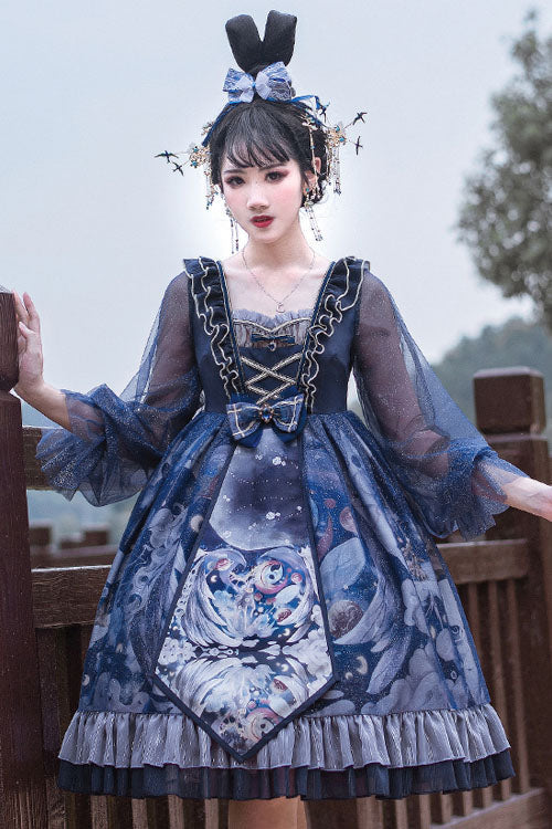 One-Piece Lolita Dress - Dark Blue Unicorn Print, Blue, High Waist, Classic Style, Ruffled - additional product view 2