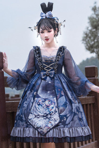 One-Piece Lolita Dress - Dark Blue Unicorn Print, Blue, High Waist, Classic Style, Ruffled - additional product view 2