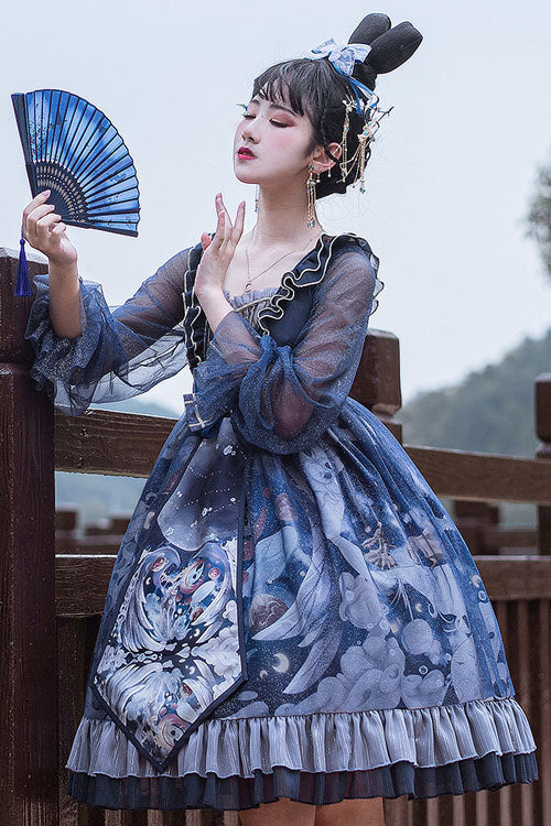 One-Piece Lolita Dress - Dark Blue Unicorn Print, Blue, High Waist, Classic Style, Ruffled - additional product view 3