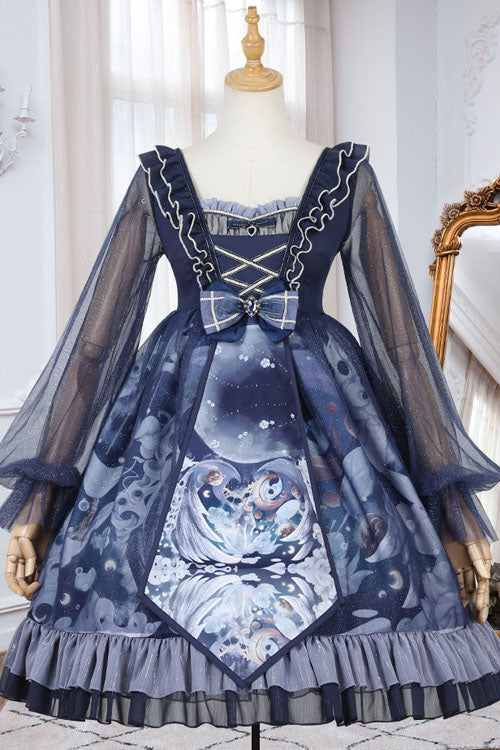 One-Piece Lolita Dress - Dark Blue Unicorn Print, Blue, High Waist, Classic Style, Ruffled - additional product view 4