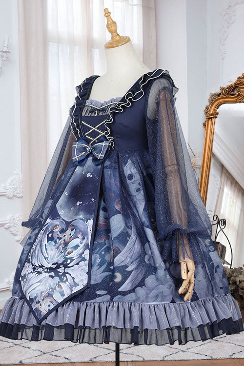 One-Piece Lolita Dress - Dark Blue Unicorn Print, Blue, High Waist, Classic Style, Ruffled - additional product view 5