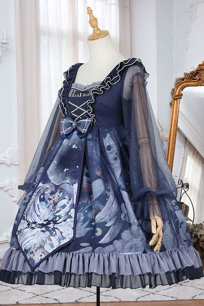 One-Piece Lolita Dress - Dark Blue Unicorn Print, Blue, High Waist, Classic Style, Ruffled - additional product view 5