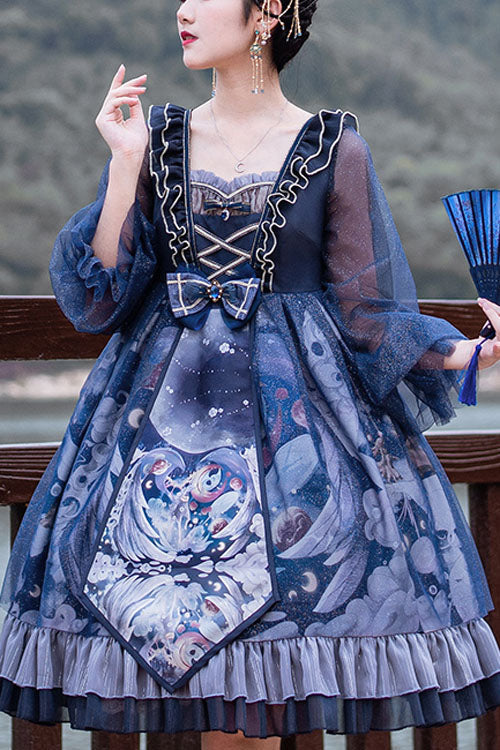 One-Piece Lolita Dress - Dark Blue Unicorn Print, Blue, High Waist, Classic Style, Ruffled - main product image