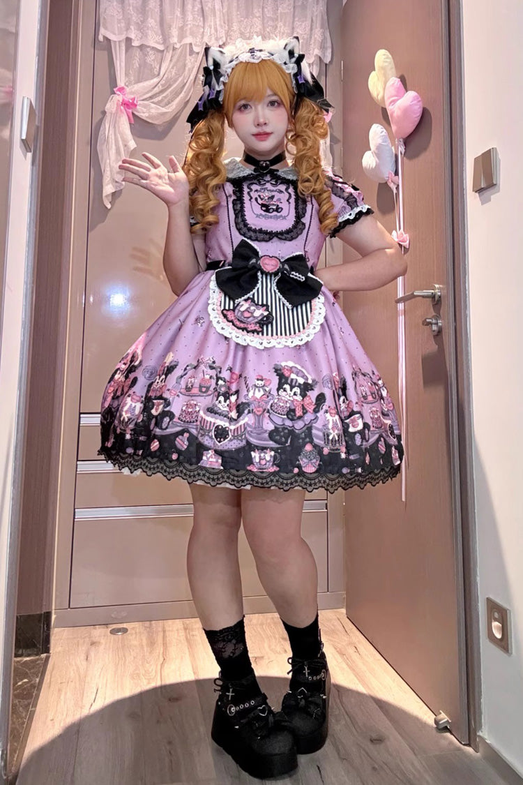 One-Piece Lolita Dress - Devil Cat, Purple, Plus Size, Ruffled, Printed - additional product view 2