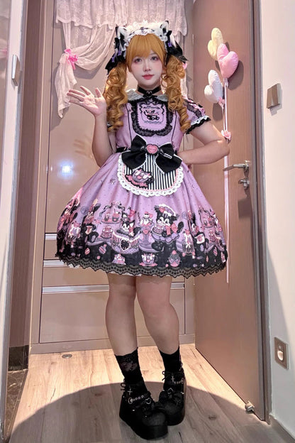 One-Piece Lolita Dress - Devil Cat, Purple, Plus Size, Ruffled, Printed - additional product view 2